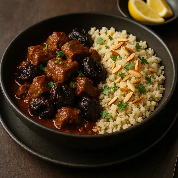Beef Recipe: Spiced Beef and Prune Tagine with Almond Couscous