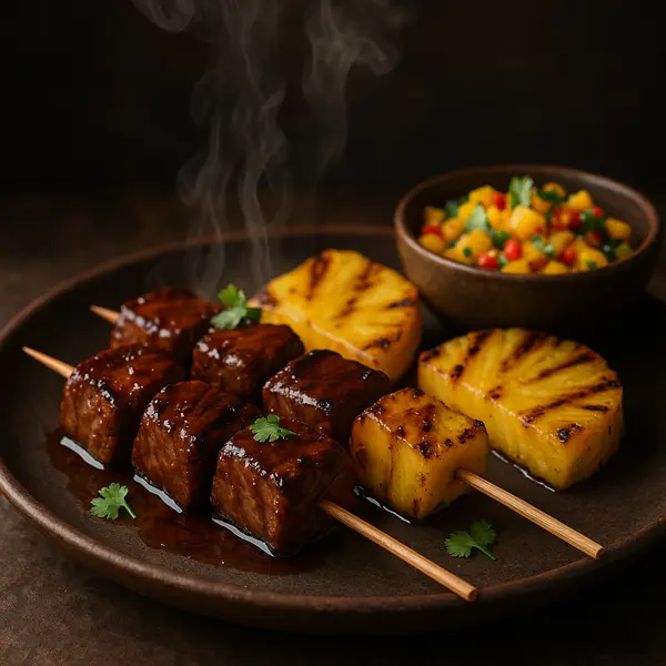 Beef Recipe: Miso-Glazed Beef Skewers with Grilled Pineapple and Chili-Mango Salsa