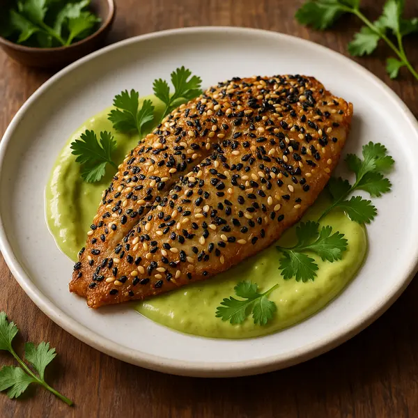 Fish Recipe: Sesame-Crusted Tilapia with Avocado Miso Dressing