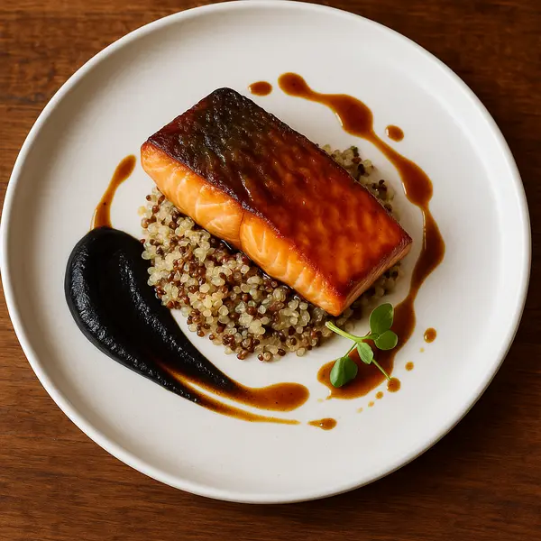 Fish Recipe: Crispy Skinned Miso Glazed Salmon with Quinoa and Black Garlic Puree
