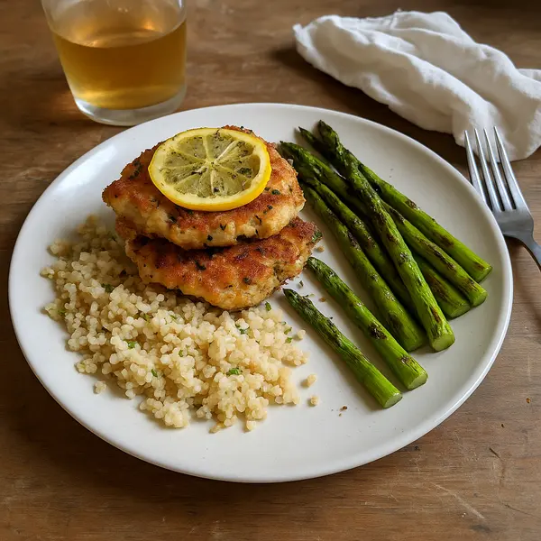 Chicken Recipe: Crispy Lemon-Herb Chicken Stacks with Grilled Asparagus and Garlic Quinoa